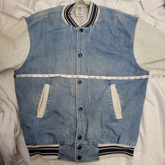 VINTAGE 90s denim varsity bomber spellout jean jacket unisex M - Picture 10 of 11